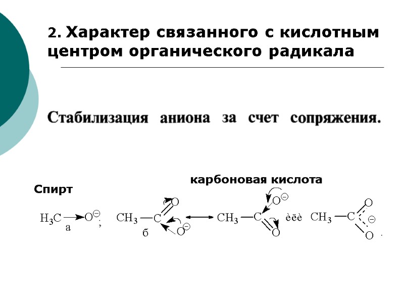 2. Характер связанного с кислотным центром органического радикала    Спирт  